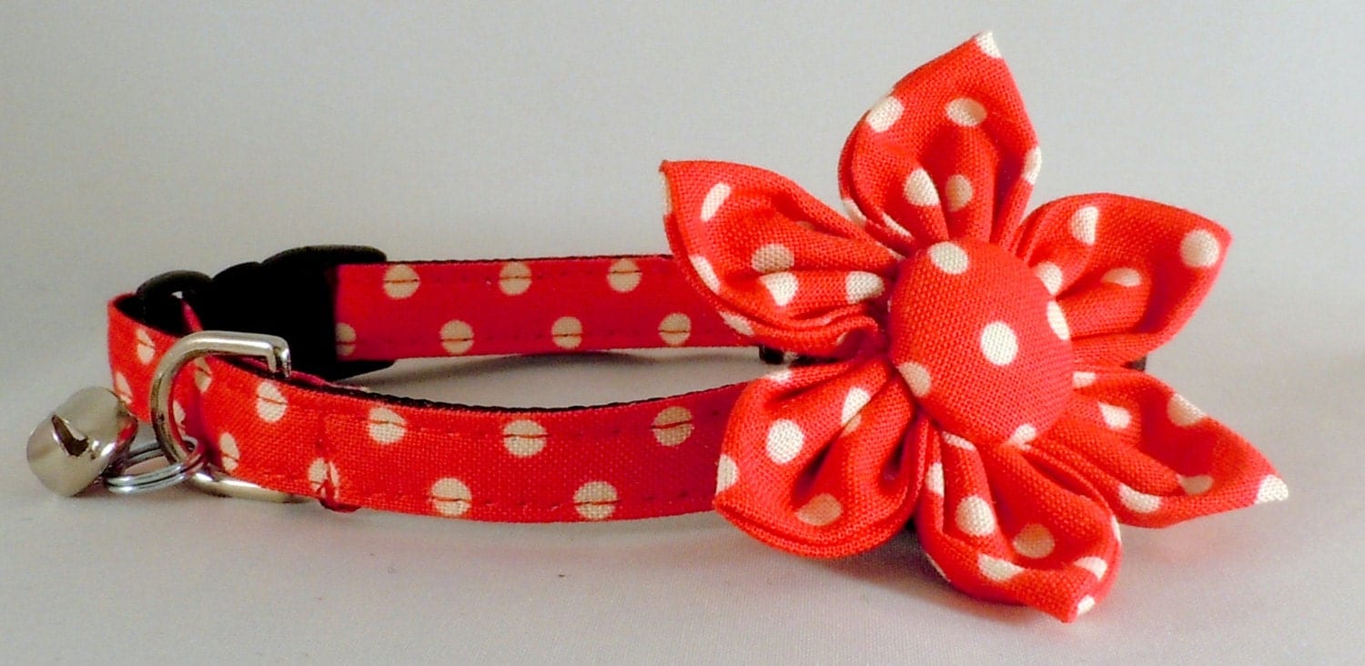 Cat Collar or Kitten Collar with Flower or Bow Tie Red Polka