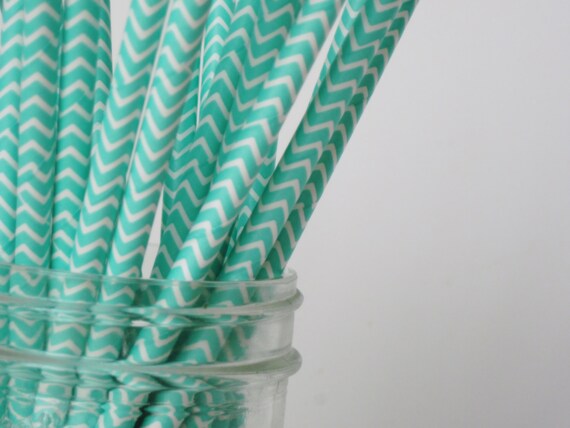 25 Aqua Blue CHEVRON Paper Straw - ships less than 24 hours Il_570xn