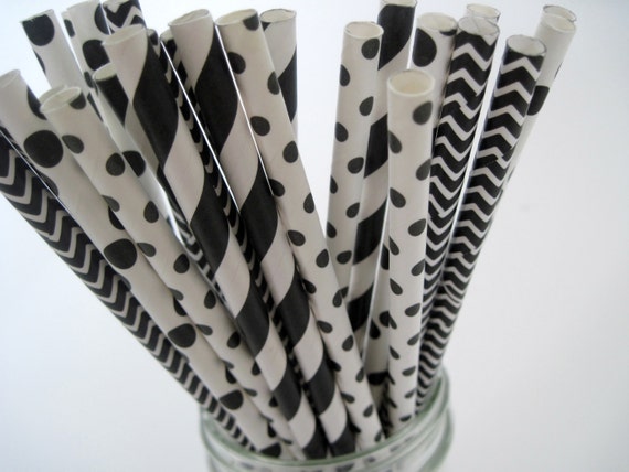 Black and White Straw Mix -Dot, Stripe, Chevron - ships less than 24 hours Il_570xn