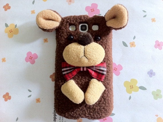 New Chic Cute Brown Plush Wool Teddy Bear With Bow Furry Samsung Galaxy Phone Case