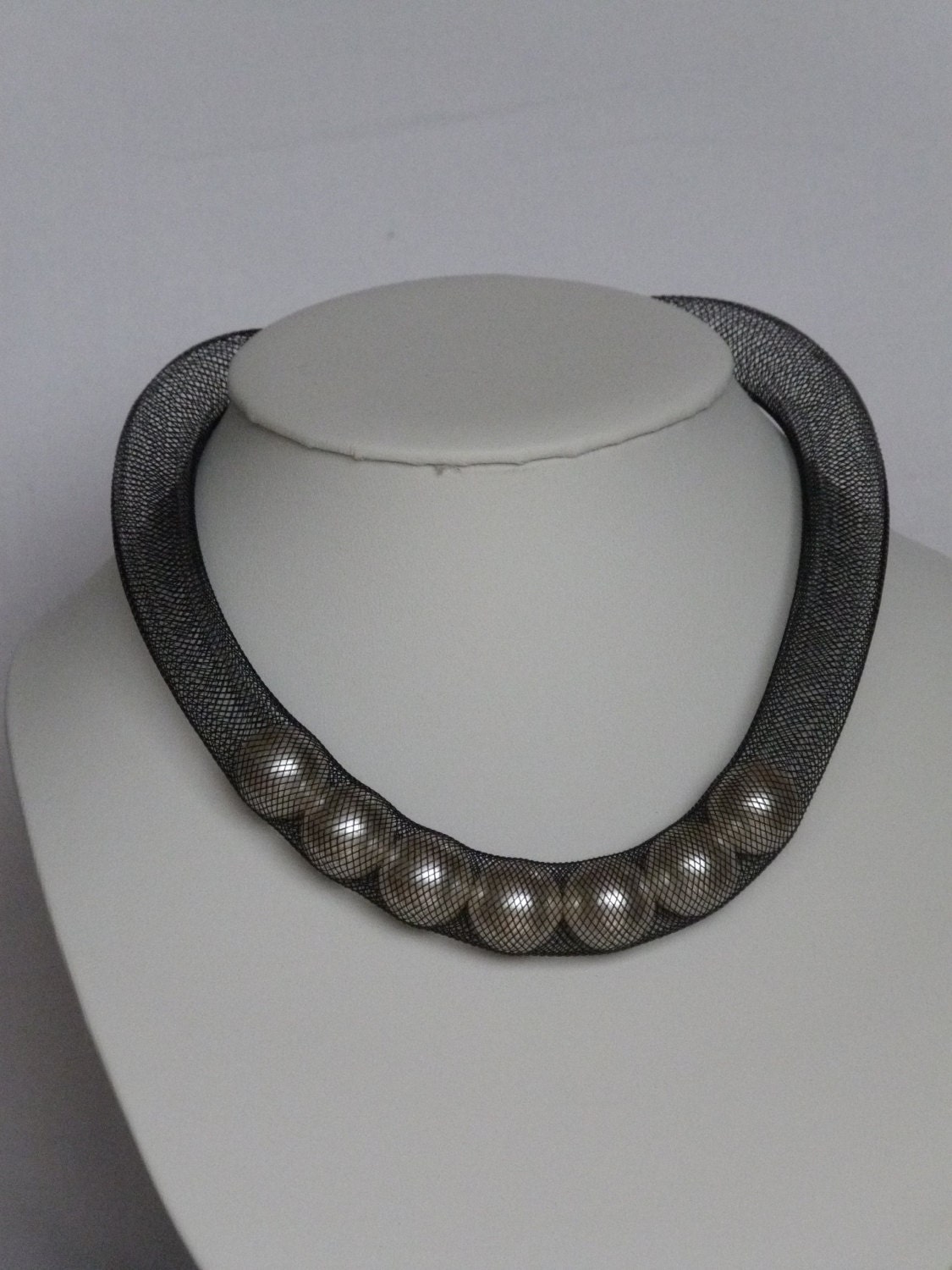 Black Mesh Tube Necklace With 16mm Pearls Inside 2908