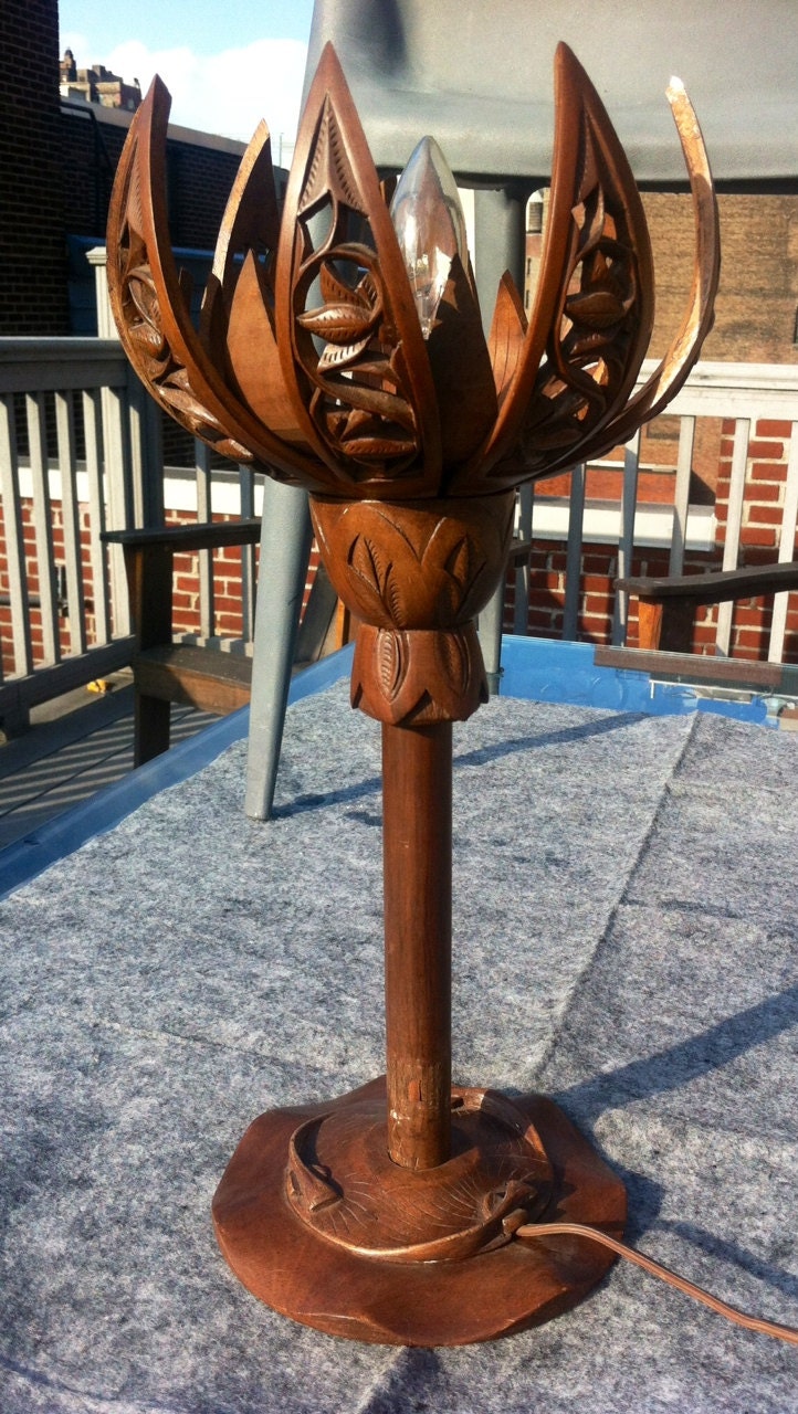 Vintage Hand Carved Wood Lotus Flower Lamp