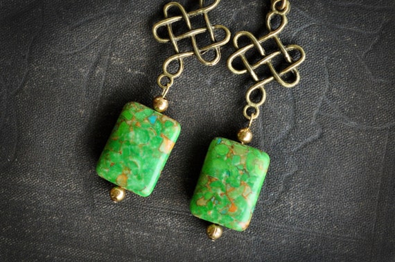 brass Chinese knot and green aqua terra earrings