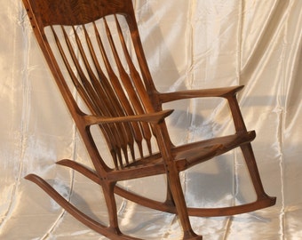 Maloof Style Rocking Chair. Shaped by hand out of walnut, curly walnut and ebony.