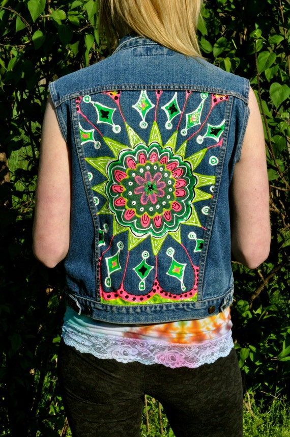 Items similar to Hand Painted Trippy Neon Denim Vest on Etsy