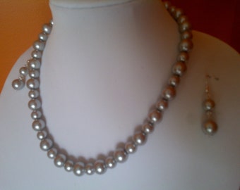 Handcrafted Silver glass pearl necklace and earring set
