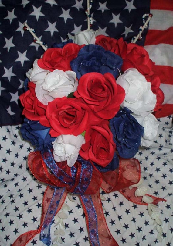 Red White and Blue Wedding Bouquet Roses and Ribbon All