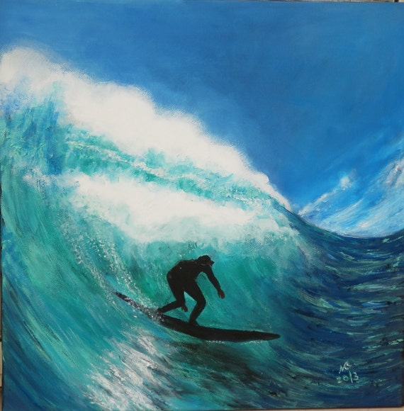 Original Large Oil Painting of Surfing