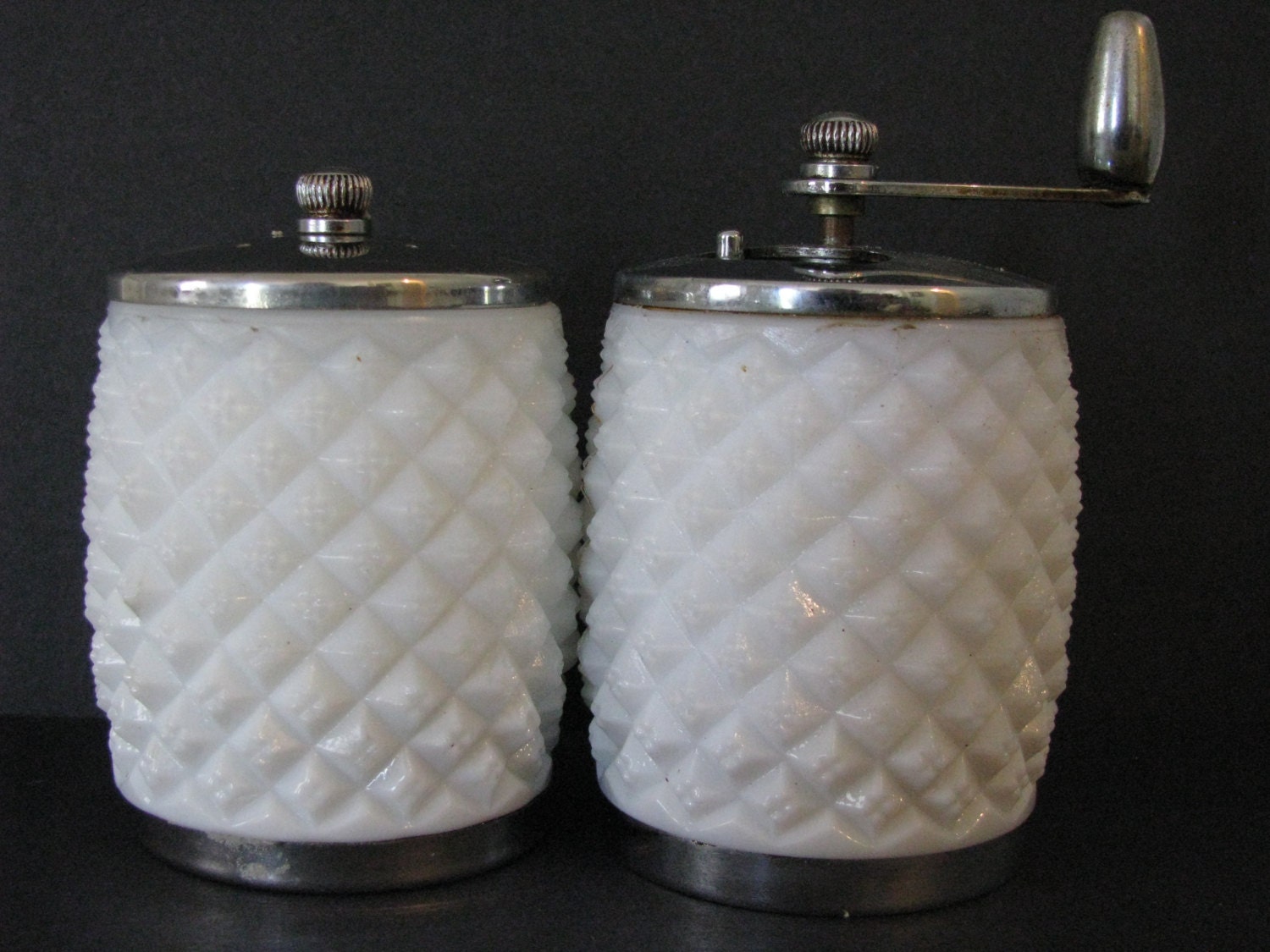 White Milk Glass Hobnail Salt Shaker and Pepper Mill