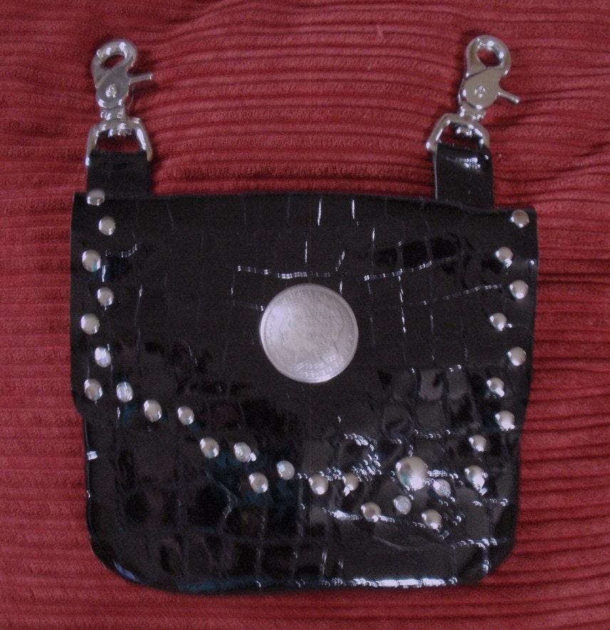black patent leather biker bag belt loop clip bag hip bag