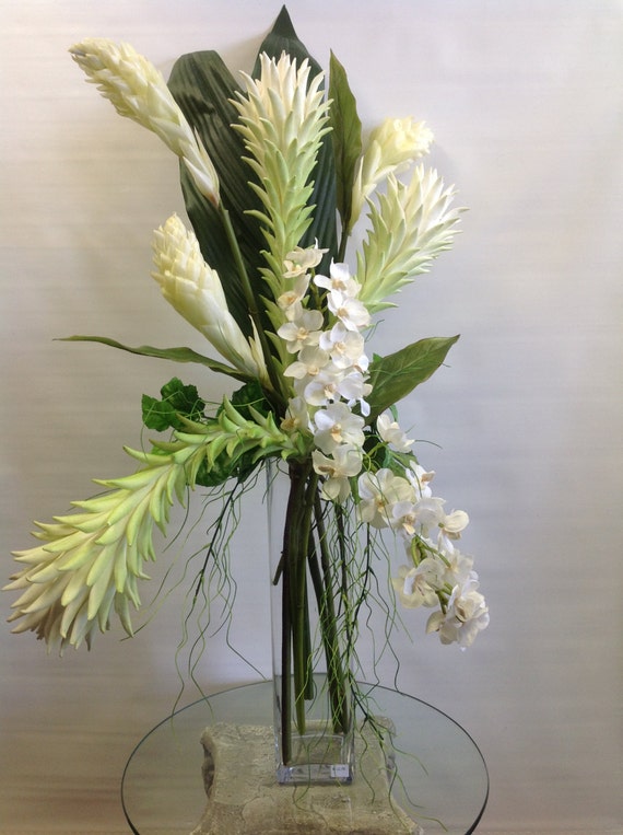 Items similar to Large Clear Glass Vase White Orchid Ginger Flower ...