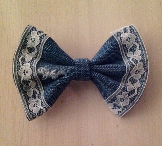 Items similar to real denim and vintage lace hair bow, summer hair bow