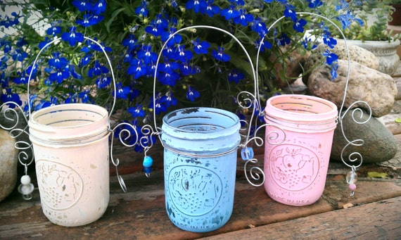 Mason Jar Lanterns, Shabby Chic Candle Holders, Flower Vases, Set Of 3 Distressed Glass Vessels