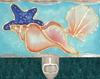 Aqua Beach Under The Sea Bathroom Decor Stained Glass Shell Night Light Plug In Shore SeaShell Ocean Nightlight Coastal Decor Seashore Art