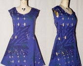 Purple Cotton Jersey Spring Dress with purple ink spill, gold ships, and green compass roses screenprint