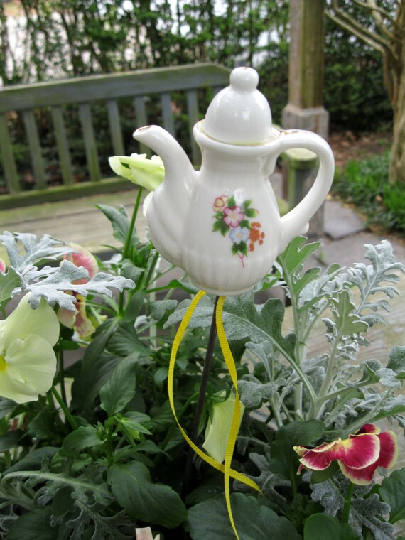 Garden Tea Pot Garden Art Porcelain Garden Decor by whimsytwo