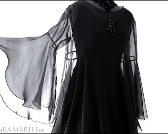 Darkly Ethereal Black Chiffon Shadowen Blouse with Dramatically Flared Sleeves by Kambriel - Brand New & Ready to Ship!
