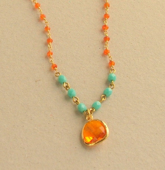 Orange Turquoise Necklace, Pendant, Delicate, Wire Wrapped, Rosary Style, Bead Chain, Blue Green, Bezel Set, Gold