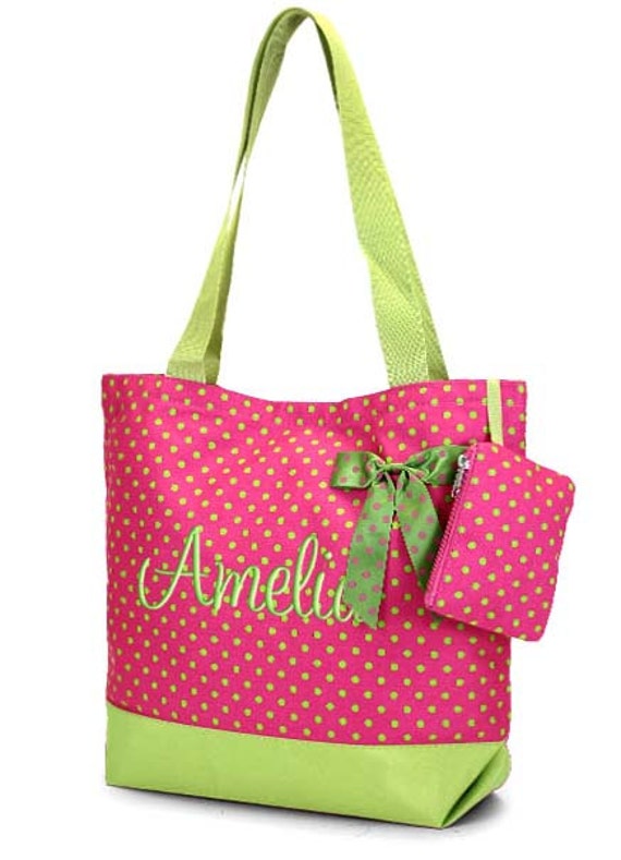 Personalized Tote Bag Hot Pink Lime Polka Dots Monogrammed