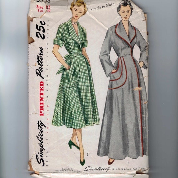 1950s Vintage Sewing Pattern Simplicity 3368 Misses Brunch Coat Housedress Dress Size 12 Bust 30 1950 50s