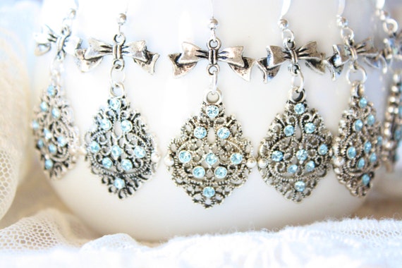 Set of 4 Vintage Wedding Bridesmaid Swarovski Rhinestone Chandelier Bow Earrings in Blue