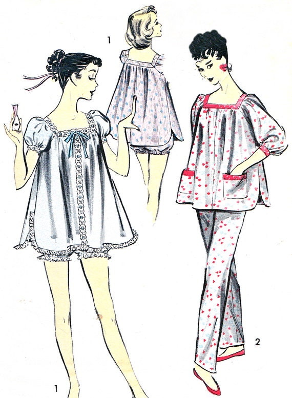 1950s Sleepwear Pattern Advance 8150 Womens Babydoll Nightie