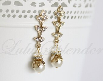 Art Deco Earrings Bridal Earrings Gold Earrings Wedding Earrings Pearl Rhinestone Vintage Wedding Jewelry Delicate Earrings NEVE