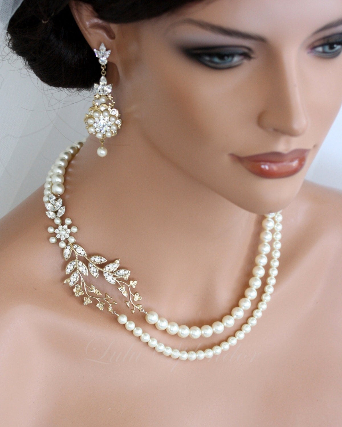 Wedding Pearl Necklace Vine Leaf Gold Bridal Necklace