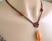 Copper brown amber satin Chinese knot necklace glass bead pendant orange gold