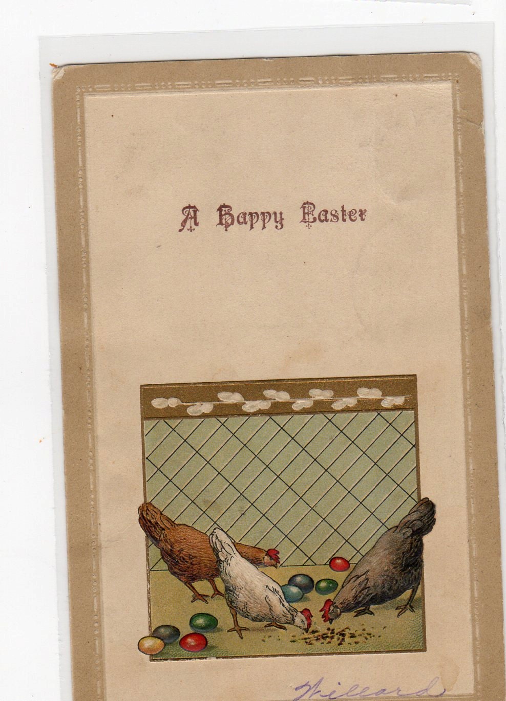 Easter Vintage Postcard With Colored Eggs And Chickens