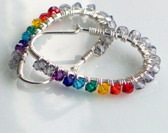 Yoga Chakra Crystal Wrapped Sterling Earring Hoops, Yoga Jewelry, Rainbow Colors, Full Spectrum, Conscious Fashion