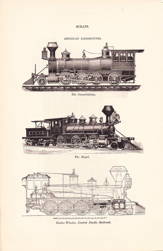 1886 Technical Drawing Train Locomotives Antique Math