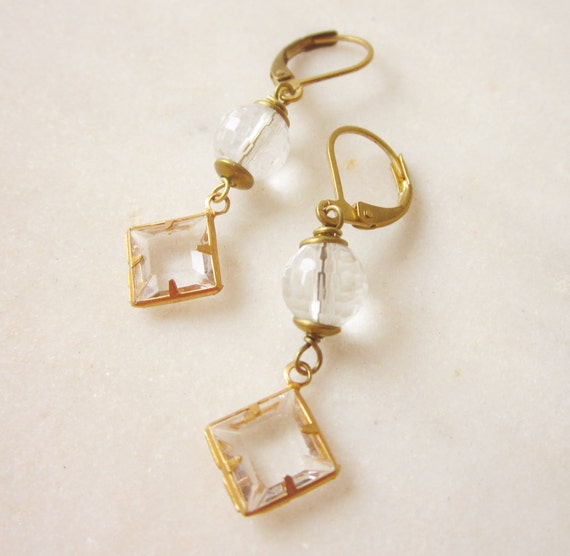 Vintage glass dangle earrings raw brass quartz drop by pieceofART