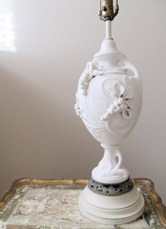 white bisque pottery lamp table lamp and gold silk lampshade