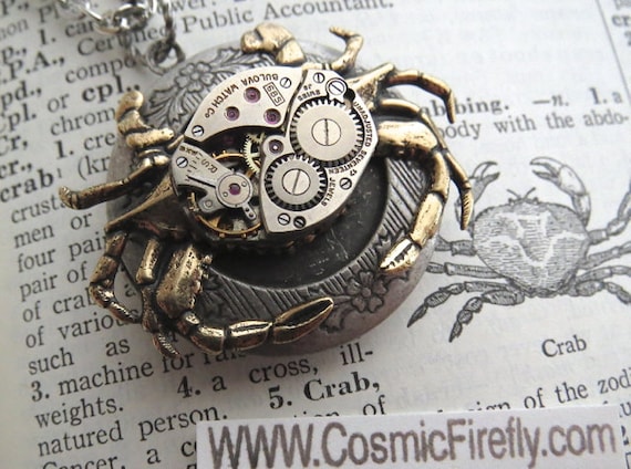 Steampunk Crab Locket Necklace Gold Brass Crab Necklace Nautical Steampunk Necklace Vintage Watch Movement Gothic Victorian Woman's Locket by CosmicFirefly steampunk buy now online
