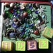 glass bead and baubles, shells, wood blocks, jewelry, chestnuts, found art