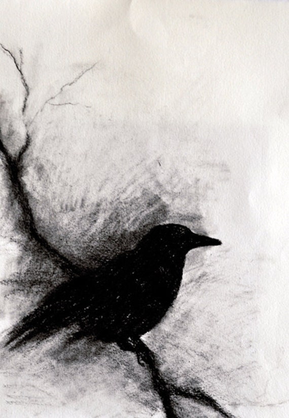  Original Charcoal Drawing Crow on a Branch Dark Halloween