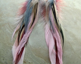 Long Feather Earrings - Colorful Beaded Feather Earrings, Pink, Ivory and Gray Feathers