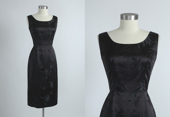 1950's New Old Black Silk Satin Cocktail Dress Embroidered