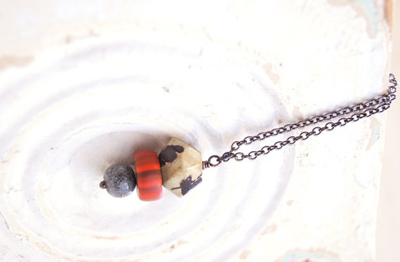 Stacked Stones Modern Art Jewelry Necklace- Artistic Stone and Handmade Polymer Clay Gypsy Trade Bead Pendant on Gunmetal Chain