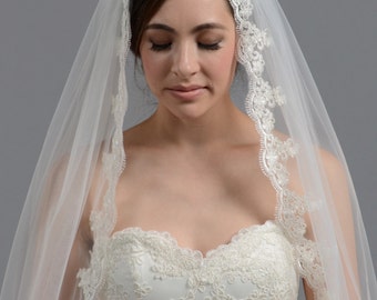 wedding veil, bridal veil, mantilla veil, fingertip veil, alencon lace veil, wedding veil ivory, wedding veil white