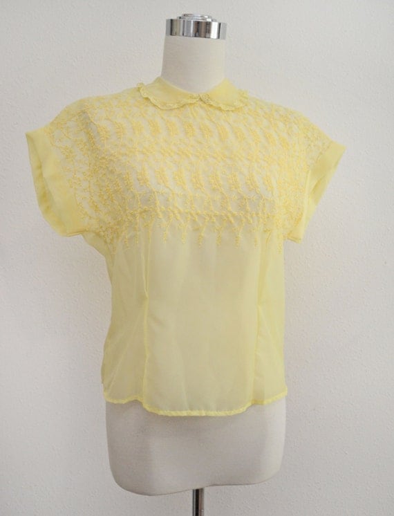 Vintage 50s Blouse // 1950s Yellow Button Back Sheer Blouse