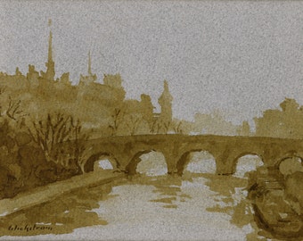 Pont Neuf, Paris. Original Pen and Ink Drawing, Small Plein Air Impressionist Sketch on Toned Paper, Signed Original 5x6 Realist Fine Art