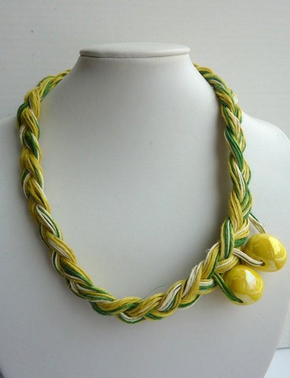 Jewerly Linen Necklace - Lemon Colors Yellow Beads