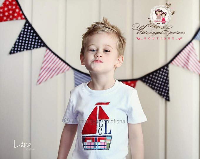 Sail Boat Monogrammed Shirt - Custom Monogram - Baby Boy Shirt - Vintage Stitches Shirt - Summer Cruise Shirt - Vacation Shirt