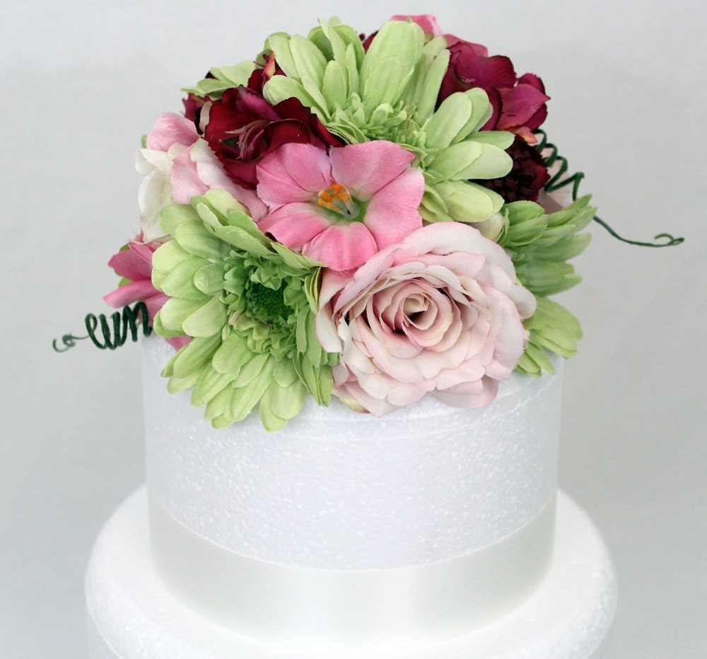 Wedding Cake Topper Pink Rose Green Gerbera Silk by ItTopsTheCake