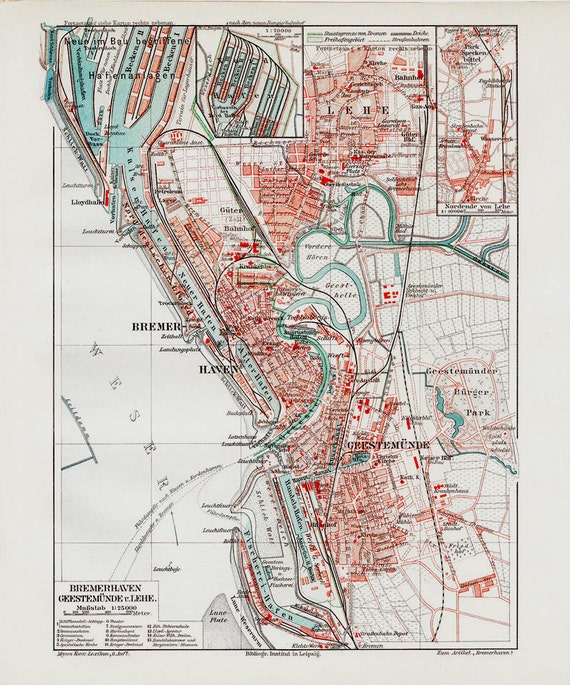 1908 Antique CITY MAP print of BREMERHAVEN a city at the