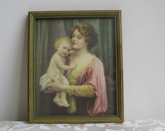 Vintage Mother Baby Child Portrait Wall Art Litho Print "A Little Ray of Sunshine" in Beveled Wood Frame By Gerlach Barklow Co. USA