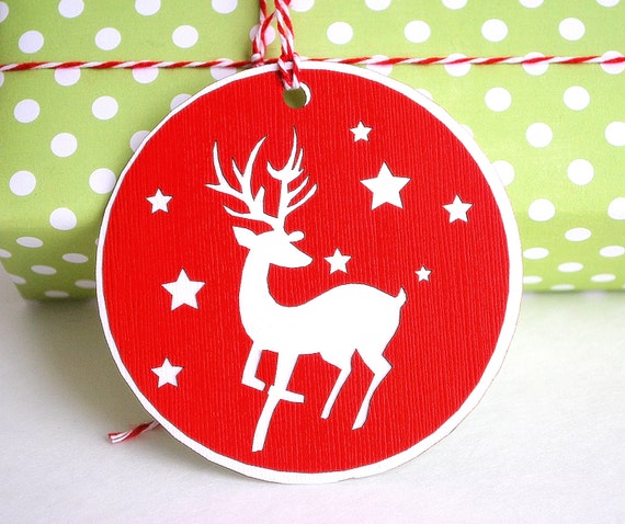 Reindeer Christmas Tags, Gift Tags Set, Set of 6 Handmade Tags A625 Il_570xn