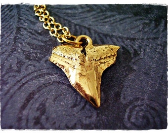 Gold Shark Tooth Necklace - Antique Gold Pewter Shark Tooth Charm on a Delicate Gold Plated Cable Chain or Charm Only